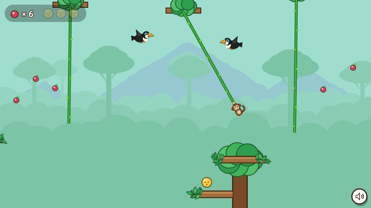 The monkey swinging on a vine between two toucans, with berries to collect and a golden coconut on a branch below.