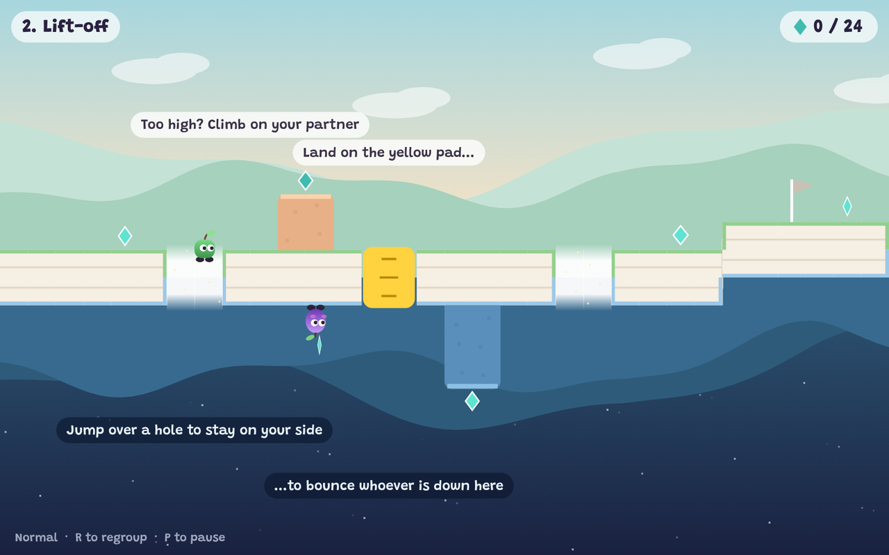 Moss, the short green one, walks on top of the ground while Plum, the tall purple one, stands upside down underneath, next to a yellow bounce pad.